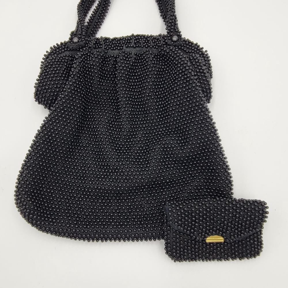Vintage by Lumured Corde'- Bead Black Purse Handbag w/ Matching Lipstick Pouch